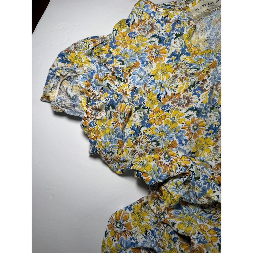Brass and Roe Floral Mini Dress Women Large Boho Cottagecore Tiered Yellow/Blue - Picture 12 of 13